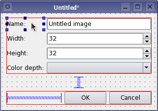 Screenshot showing the Qt Widgets Designer editing mode, to change size or position of a component in a layout