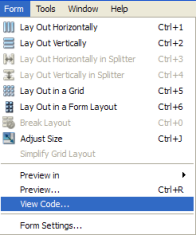 Screenshot showing option to view the layout in code under the drop down menu of "Forms"