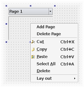 Screenshot of designer editor showing a container and an open context menu