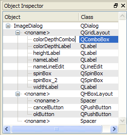 Screenshot showing an object tree of all widgets in the layout