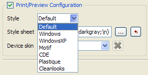 Screenshot of Qt Widgets Designer print and preview configuration section showing a dropdown menu for selecting interface styles, including Default, Windows, WindowsXP etc.