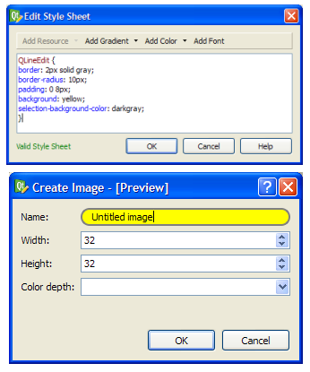 Screenshot of Qt Widgets Designer dialogs showing the Edit Style Sheet window with QLineEdit CSS properties and the Create Image dialog for defining image name, size, and color depth