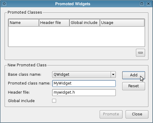 Screenshot of the Promoted Widgets window showing options to add a custom widget class by specifying a base class, promoted class name, and header file