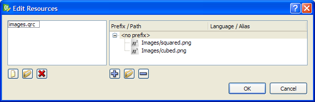 Screenshot of Edit Resources dialog showing a resource file containing two image entries