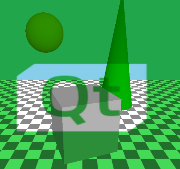 Three different 3D objects with transparent Qt logo overlaid as fullscreen effect