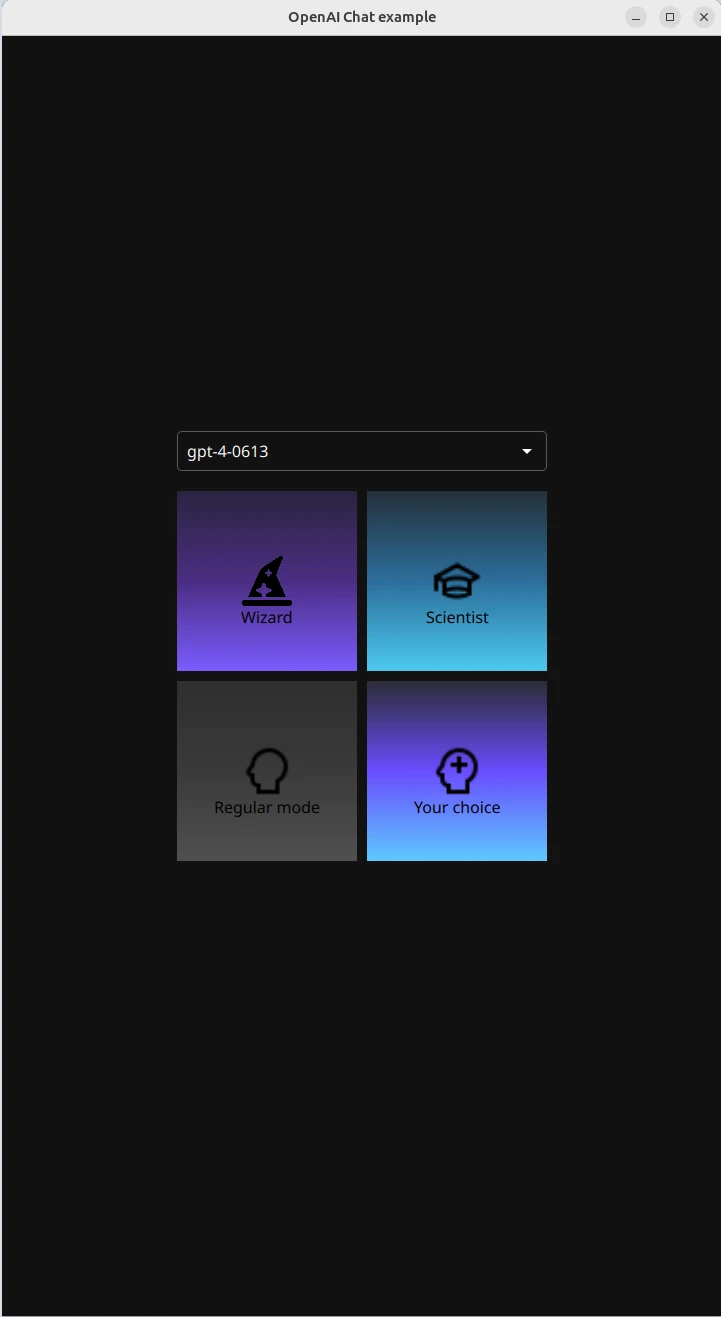Model selector dropdown and four mode cards labeled Wizard, Scientist, Regular mode, and Your choice