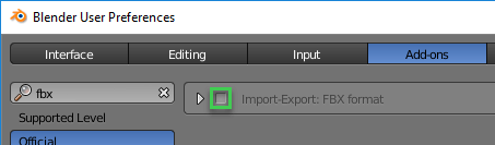 Blender User Preferences showing FBX format addon enabled