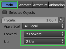 Blender FBX export axis settings showing Y Forward and Z Up