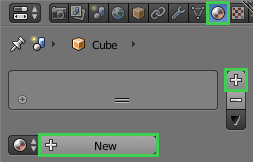 Blender material properties panel with New button highlighted