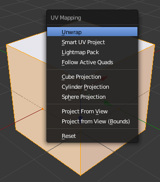 Blender UV Mapping menu with Unwrap option selected