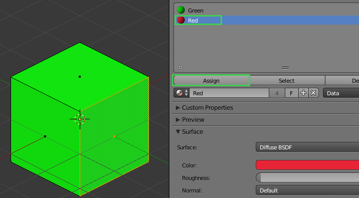 Blender viewport showing green cube with material properties panel
