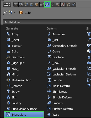 Blender Add Modifier menu with Triangulate option highlighted