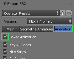 Blender FBX export settings with Baked Animation option checked