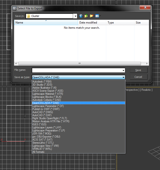 3ds Max file export dialog with OpenCOLLADA format selected