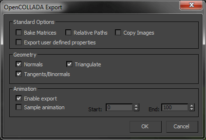 3ds Max OpenCOLLADA Export dialog with Triangulate option checked