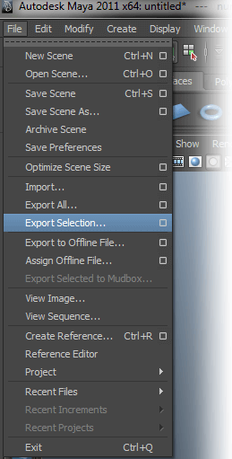 Maya File menu with Export Selection option highlighted