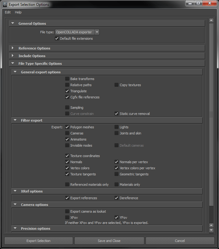 Maya Export Selection Options dialog with Triangulate checked