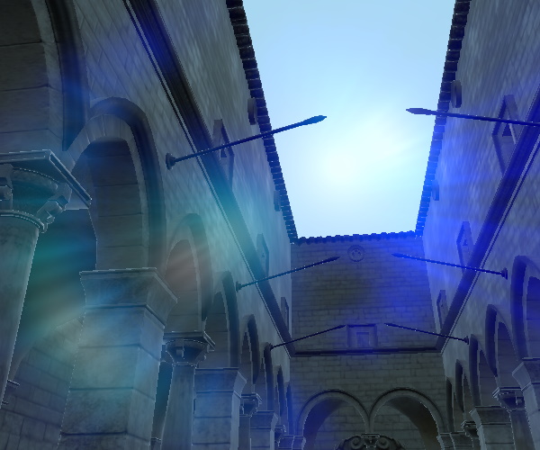 Stone courtyard with lens flare showing dirt texture