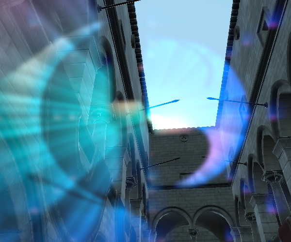 Stone courtyard with lens flare, no chromatic aberration