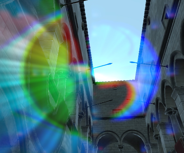 Stone courtyard with lens flare showing chromatic aberration