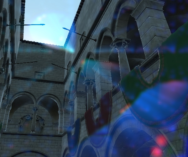 Stone courtyard with 16 lens flare ghosts