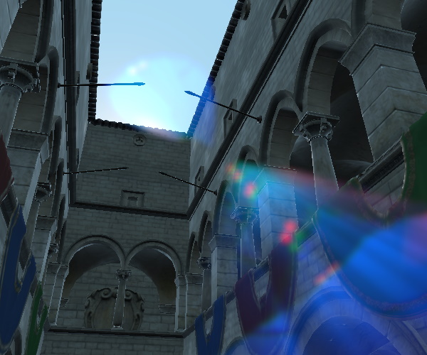 Stone courtyard with closely spaced lens flare ghosts