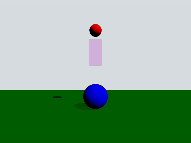 Screenshot of a 3D rendering showing a blue sphere on a green surface, a pink rectangular block above it, and a red sphere floating on top