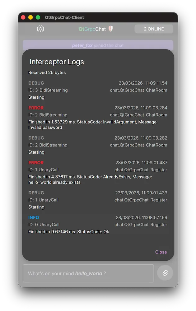 Interceptor Logs dialog with RPC activity entries