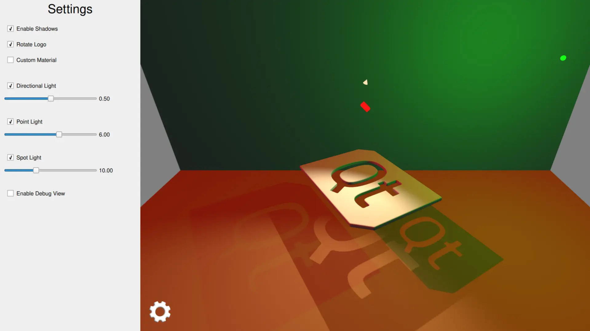 Qt logo tile with colored lights and shadows demonstrating lighting types