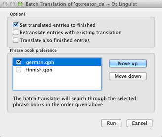 Screenshot showing Qt Linguist batch translation window with options and phrase book selection