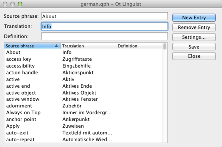 Screenshot of Qt Linguist phrase book editor showing source phrases with German translations