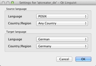 Screenshot showing Qt Linguist settings window with source language POSIX and target language German