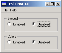 Screenshot showing the Troll Print example UI in English