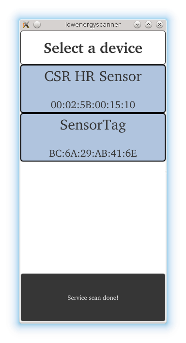 Nearby devices listed in Qt BLE scanner