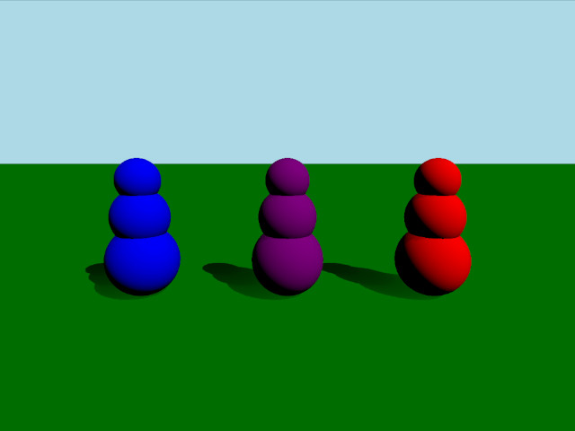 Screenshot of s 3D rendering showing three stacked sphere figures on a green surface, colored blue, purple, and red from left to right