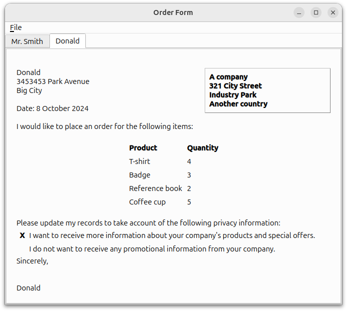 Application showing a completed order form for a customer