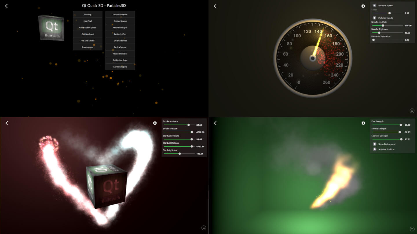 Four windows showing different particle system examples
