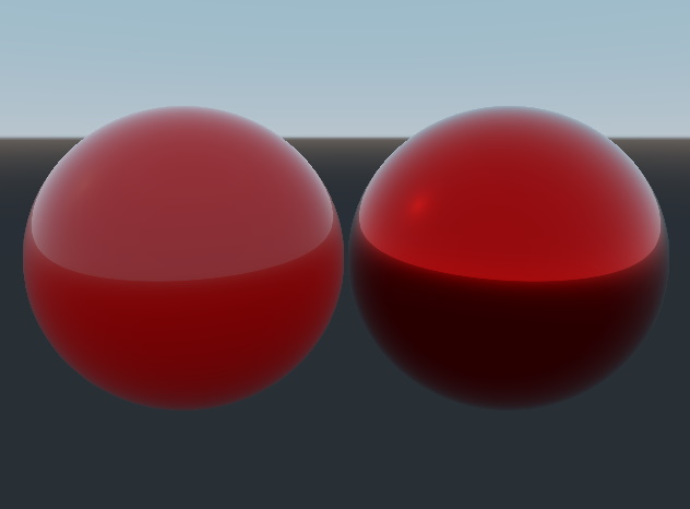 Two red spheres demonstrating PBR material properties