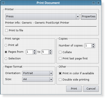 Screenshot of menu to print a document
