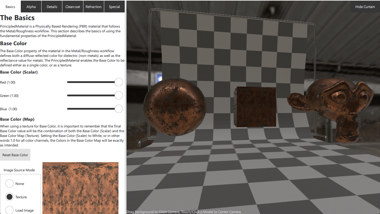 Material preview with control panel and property sliders