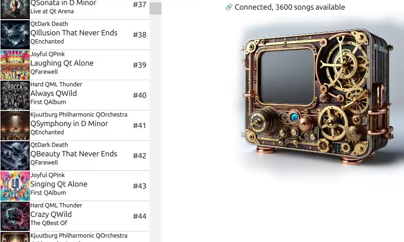 Screenshot of the application where a songlist with album arts, song names, artist names and album names are visible