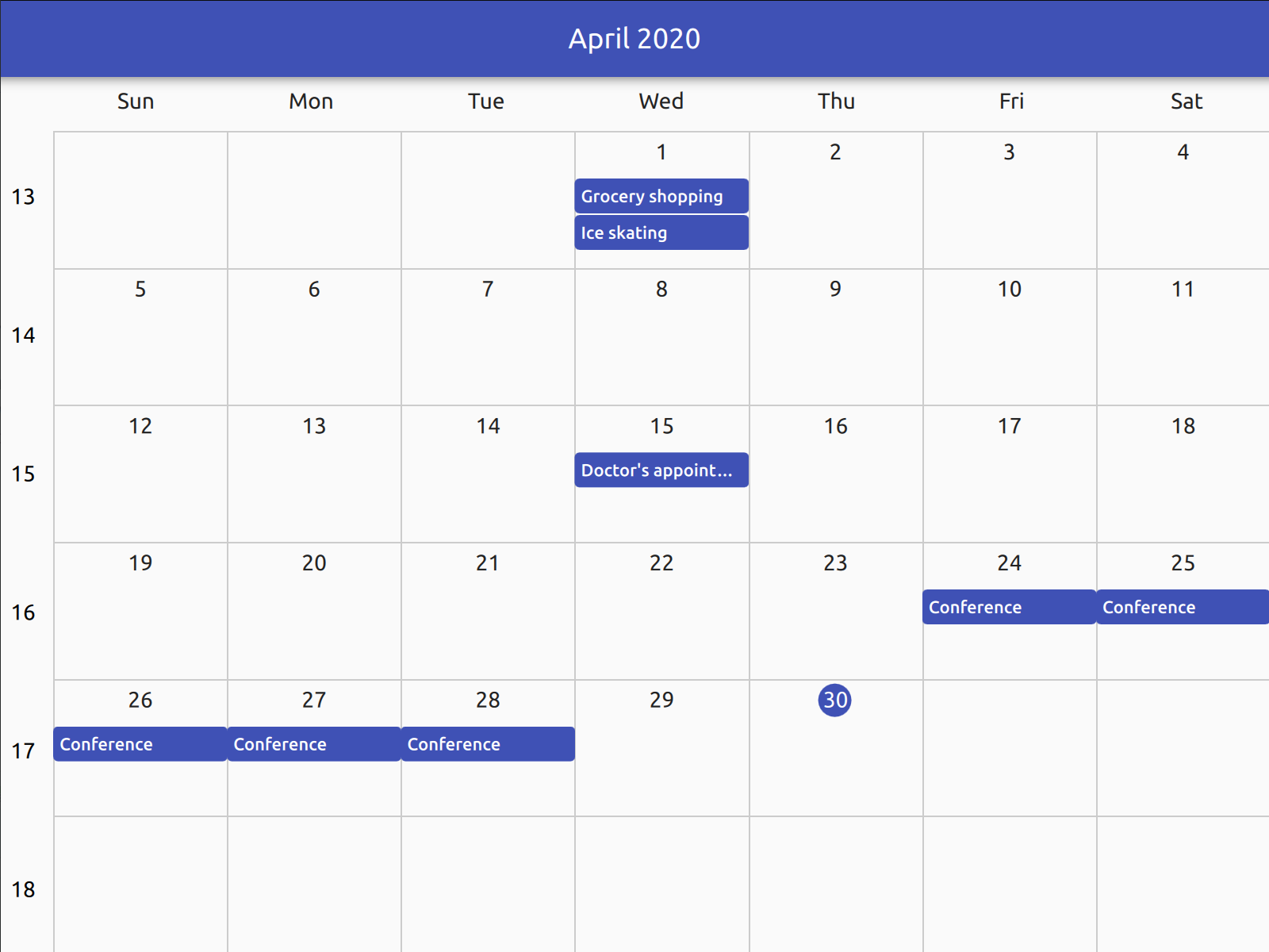 Calendar application displaying monthly view with event indicators