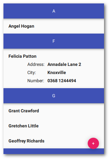 Contact list application showing names and addresses