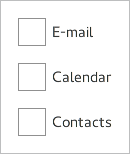 Frame containing check boxes labeled E-mail, Calendar, Contacts