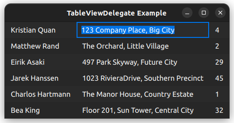 Table view displaying addresses using a table view delegate