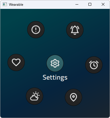 Wearable device interface showing circular app launcher icons