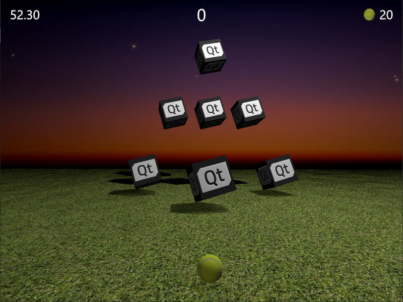 Game scene with ball and Qt logo target boxes