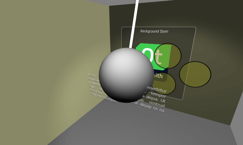 3D sphere with layered 2D items including Qt logo and text