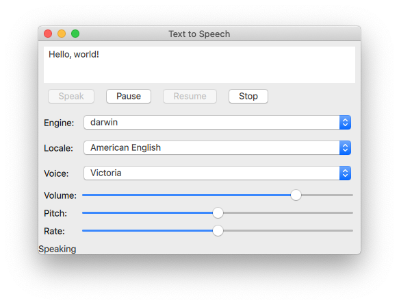 Screenshot showing a tool for text to speech with options to change engine, locale, voice, volume, pitch, and rate