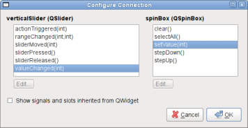 Screenshot showing the configuration to connect the slider with the spinbox, so the slider changes the spinbox value